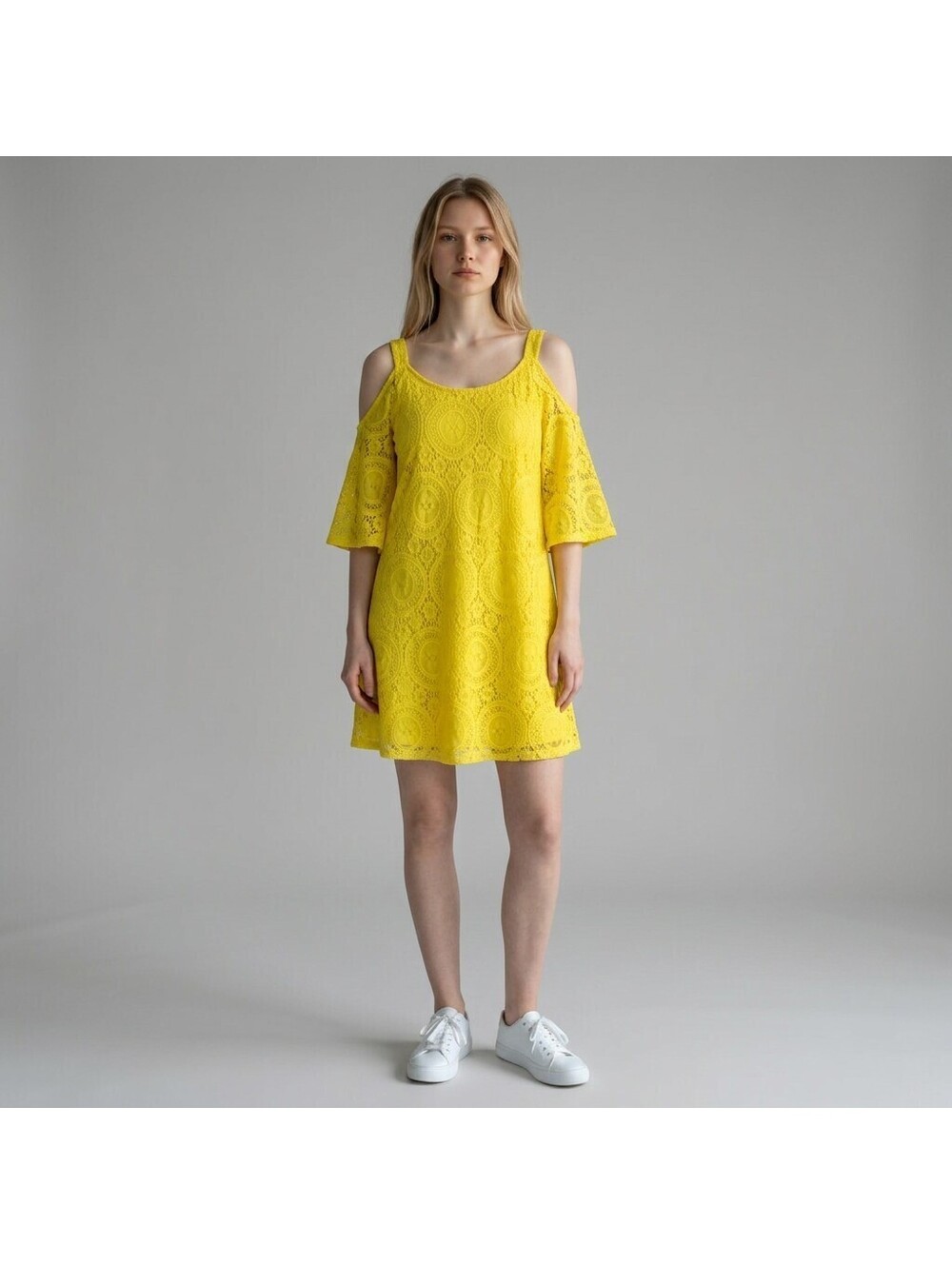 Tacera Dress Women S Small Yellow Crochet Shift Short Cold Shoulder 3/4 Sleeve